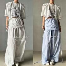 Refundable less in stock Korean self-retained striped drawstring straps fake two-piece high-waisted loose trousers