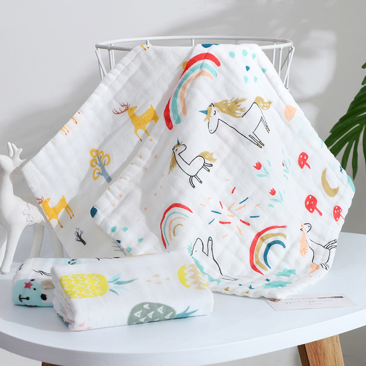 Strawberry + Rainbow Horse + Pineapple + Chicken + Whale & 25 * 25Cm6 Layersbaby Gauze Bath towel Class A children pure cotton 120 Large size double-deck Cuddle quilt summer Thin Baby bed Advance sheet