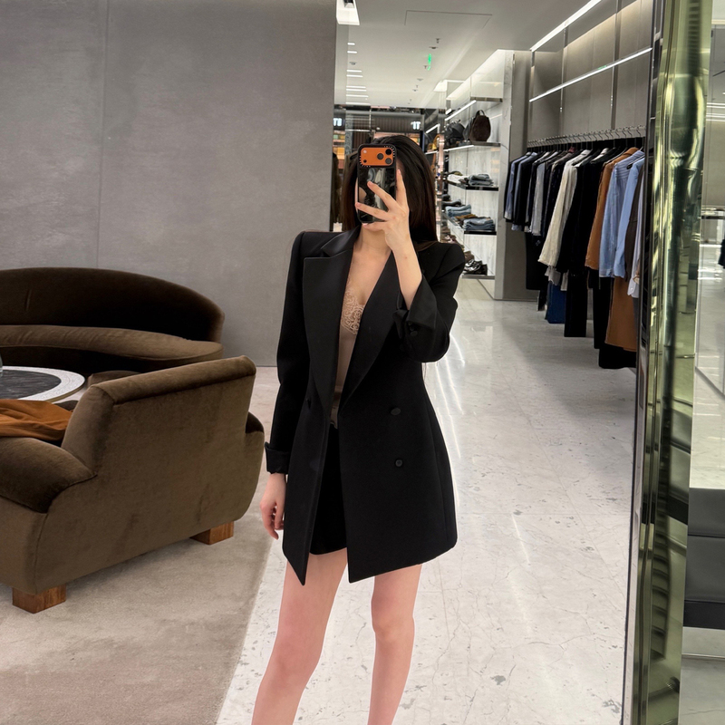Sx Shansi Fine Wool Spliced Satin Blazer for Women, High-End Socialite Style, Double-Breasted Black Suit Sx Shansi Fine Wool Spliced Satin Blazer for Women, High-End Socialite Style, Double-Breasted Black Suit