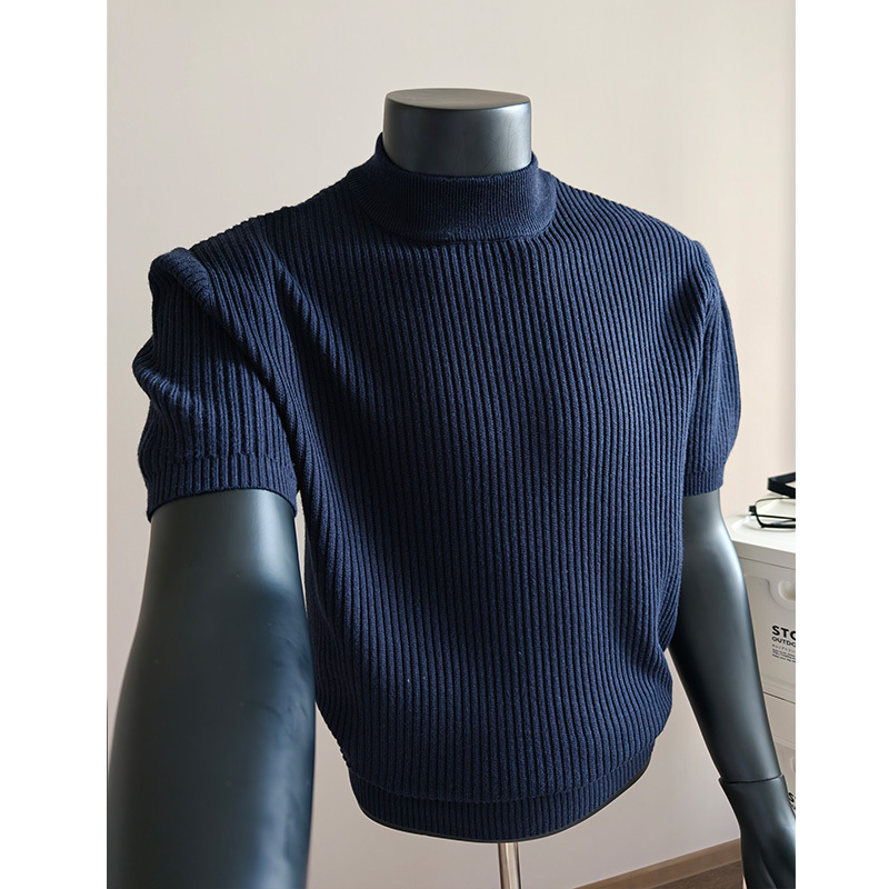 Old Money Style Half-High Collar Knit Shirt for Men, Short-Sleeved, Loose, Casual, High-End Striped Slimming Sweater, Base Shirt, T-Shirt