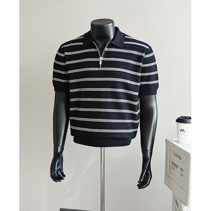 Summer Fishbone Pattern Knitted Short-Sleeved Polo Shirt for Men, Loose and High-End, Cool and Handsome Half-Zip Striped Lapel T-Shirt, Trendy