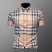 European station shirt mens short sleeve summer thin high-end design sense Plaid Korean slim stripe casual shirt tide