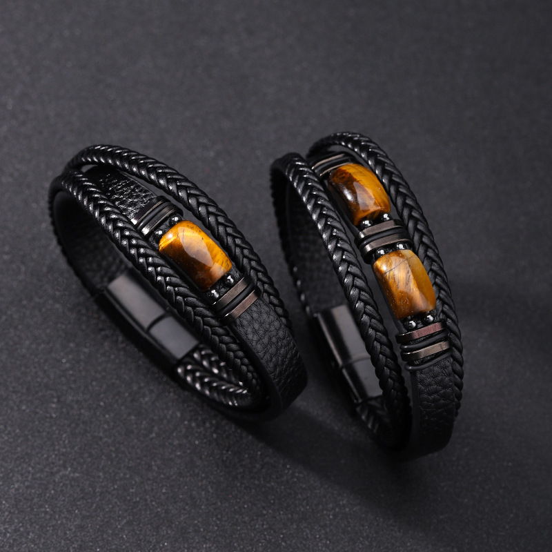 European and American Hot-Selling Tiger Eye Stone Bracelet for Men, Multi-Layered Rope Leather Bracelet, Stone Bracelet with Magnetic Clasp, Men's Jewelry, Fashionable