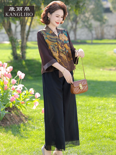 Middle-Aged and Elderly Women's Three-Quarter Sleeve Chiffon Blouse, 2025 New Summer Slimming New Chinese Style Top Set