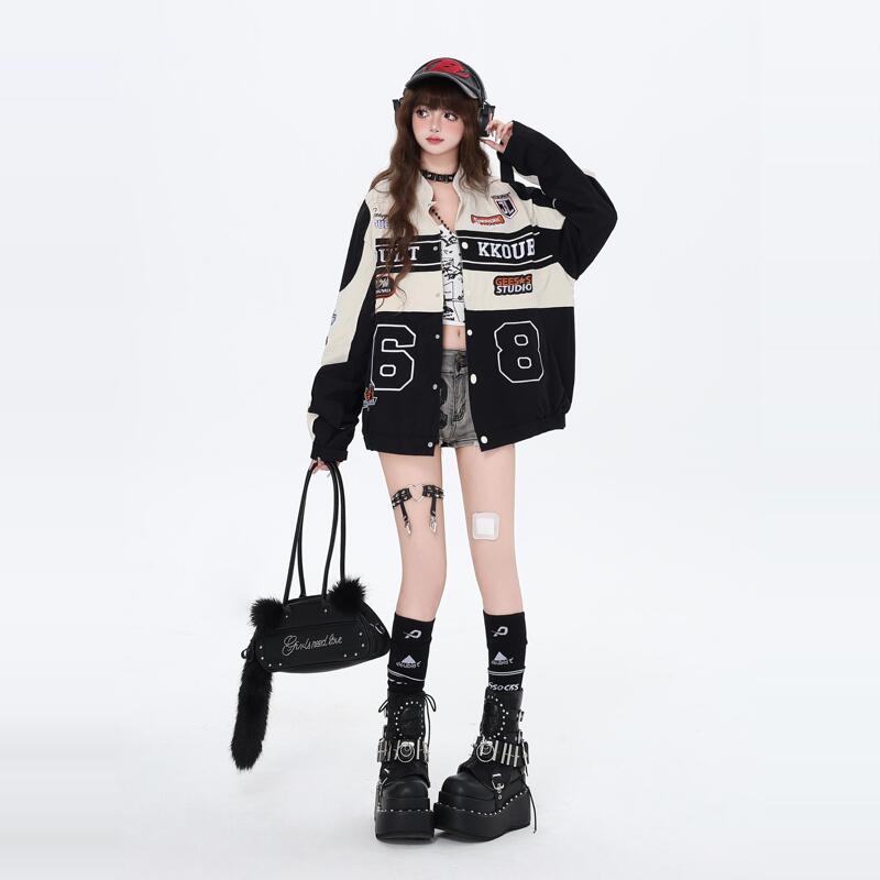 Crazygirl Can Wear It in Two Ways! Biker Girl American Street Style Detachable Long and Short Baseball Jacket Crazygirl Can Wear It in Two Ways! Biker Girl American Street Style Detachable Long and Short Baseball Jacket