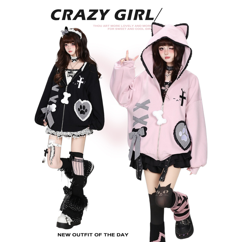 Crazygirl【Cat Paw Theory】Cute and Adorable Plaid Bowknot Hooded Loose Casual Hoodie Jacket Crazygirl【Cat Paw Theory】Cute and Adorable Plaid Bowknot Hooded Loose Casual Hoodie Jacket