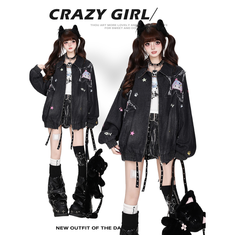 Crazygirl Cartoon Cat Patch Sweet Cool Y2K Lapel Loose Casual Denim Jacket Autumn and Winter Women