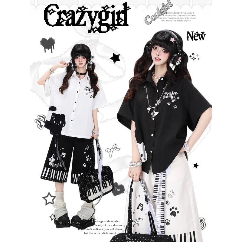 Crazygirl Healing Kitten Print Black and White Lapel Loose Casual Versatile Comfortable Top Thin Shirt for Women Crazygirl Healing Kitten Print Black and White Lapel Loose Casual Versatile Comfortable Top Thin Shirt for Women
