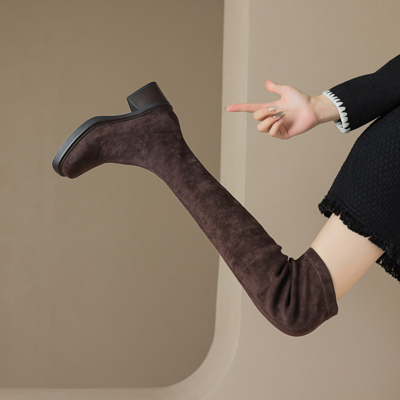 Over-The-Knee Boots for Women 2024 New Square Toe High Elastic Slim Boots Autumn and Winter High-Heeled Slimming Long Boots Large Size