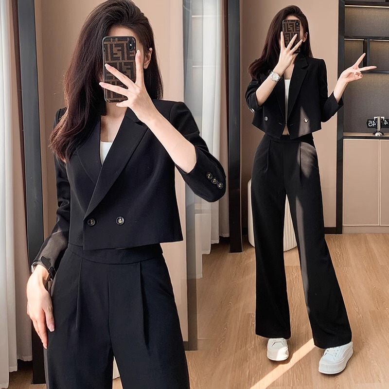 Black Blazer for Women, Spring and Autumn New Style, Petite Short Thickened Professional Attire, Elegant Casual Suit Set