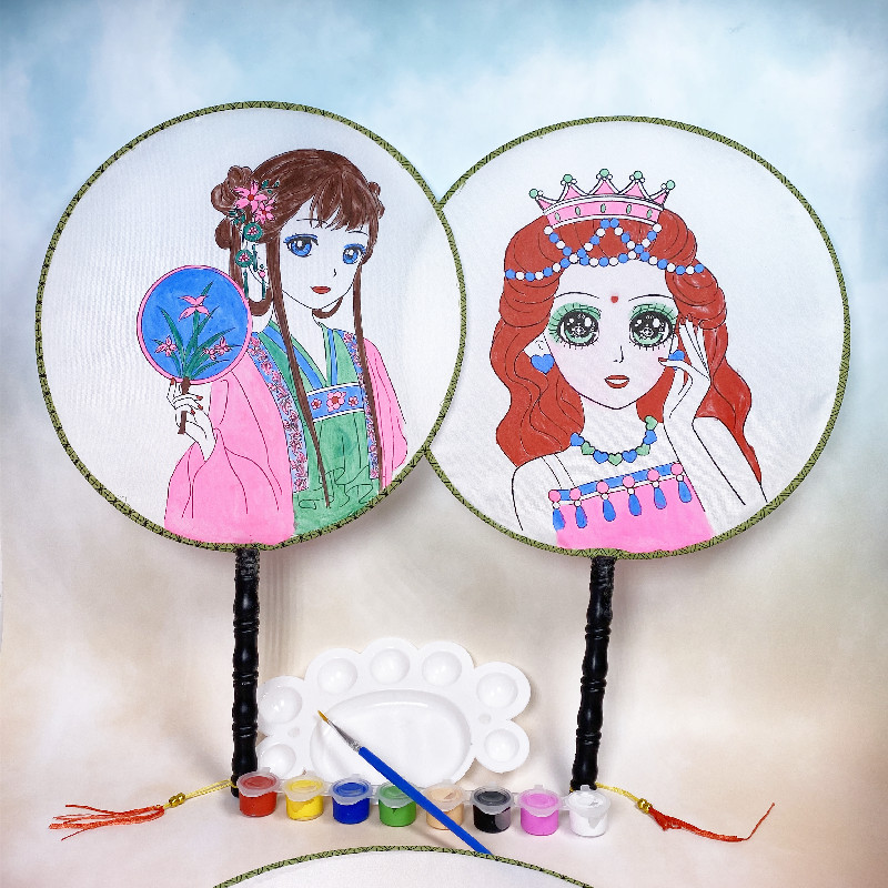 Graffiti Fan Diy Blank Fill Color Children Painting Handmade Silk Cloth Palace Fan Kindergarten Creative Fine Art Material Bag
