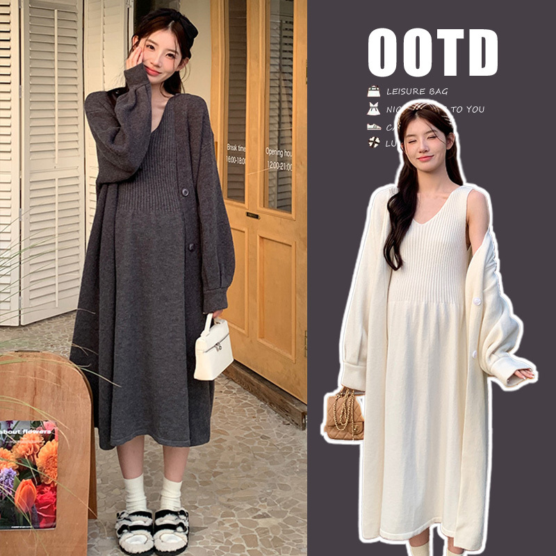Maternity Wear Autum 2026 New Fashion Casual Style Sweater Jacket Vest Two-Piece Set Knitted Dress Autum and Winter