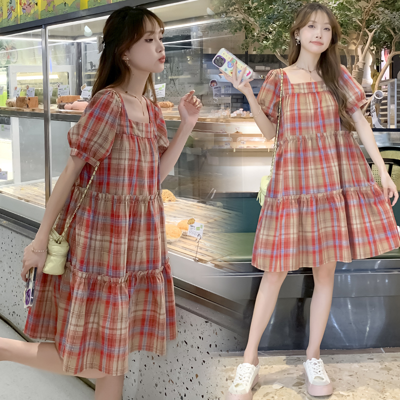 Maternity Dress Summer Outfit for Petite Women 2026 New Slimming Square Neck Plaid A-Line Short Maternity Dress Plus Size