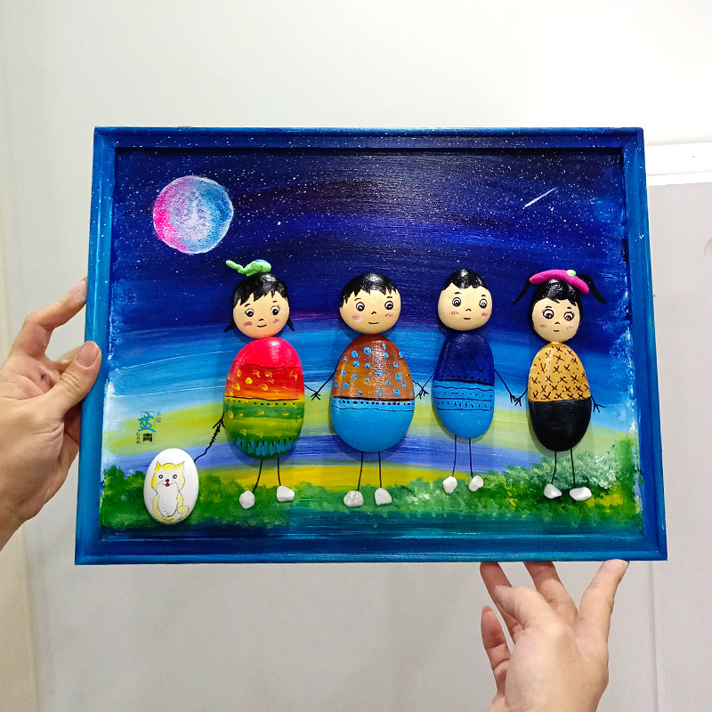 Wooden frame stone painted kindergarten hand-made baby diy cartoon decorated small stone hand-drawn photo frame