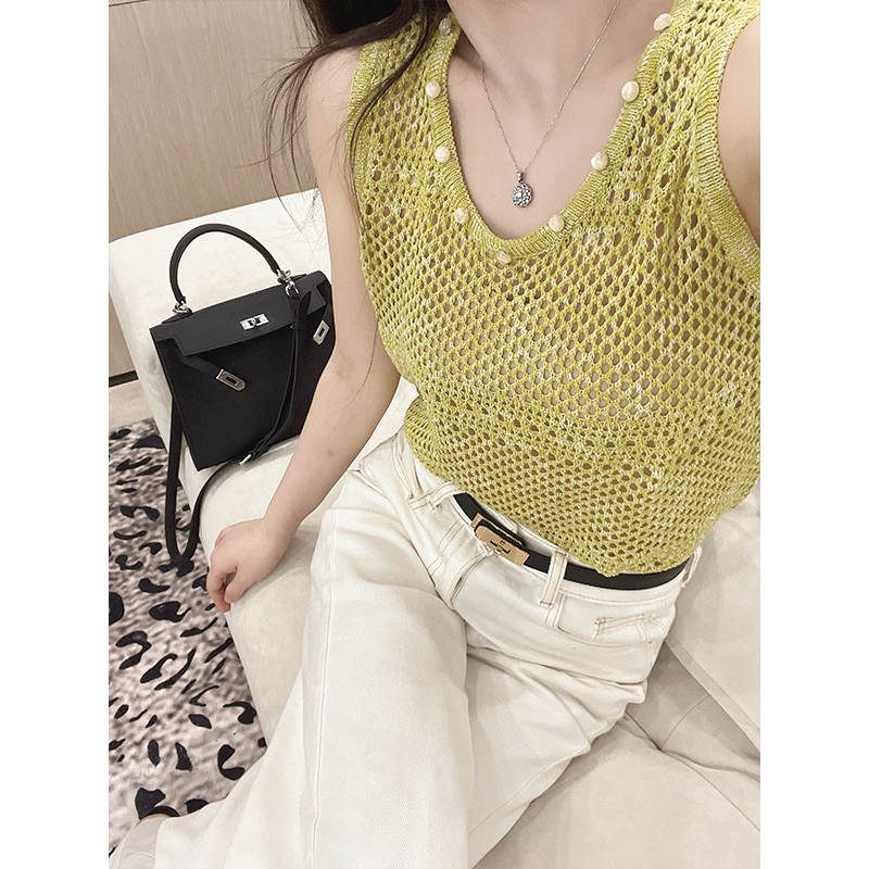 Design Studio [Washi Yarn Old Money Exquisite Vest] High-End Linen Sexy Hollow-Out Knitted Sweater for Women
