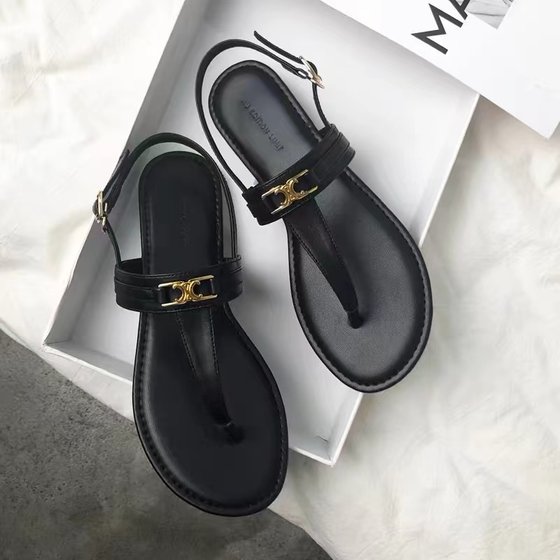 真皮2025夏新款夹脚趾平底小香风c家海边度假罗马时装休闲凉鞋女