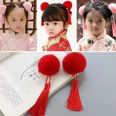 Chinese style children's hairpin Big red hair ball tassel baby hairpin Girls cheongsam hair accessories Ancient style Hanfu hair accessories
