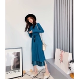 Длинное трикотажное платье, ретро юбка, средней длины, высокий воротник