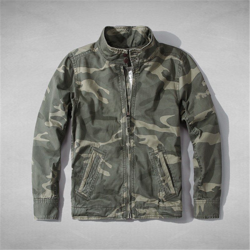 Af&Lf Camouflage Jacket Men's Slim Fit Workwear Military Jacket Pure Cotton Canvas Spring and Autumn Stand Collar Biker Jacket