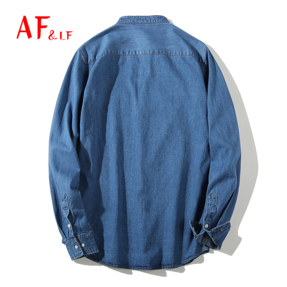 AF/LF 봄 신작 남성 데님 라운드 넥 스몰 스탠드 칼라 워싱 셔츠 셔츠 긴 소매 중국 트렌드