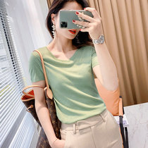 Ice silk short sleeve T-shirt female 2021 summer new Korean loose slim vneck thin knit foreign style short top