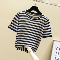 Ice silk sweater womens summer 2021 new Korean version breathable thin section loose thin bright silk striped ins top