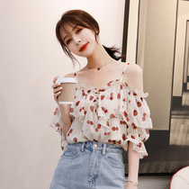 Shoulder chiffon shirt womens short sleeve 2021 summer New loose slim slender small shirt off-shoulder foreign-style coat tide