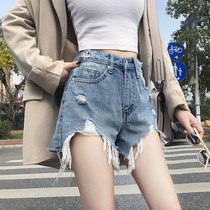 Hole denim shorts womens summer 2021 new Korean edition high waist loose light-colored flash sexy super shorts tide