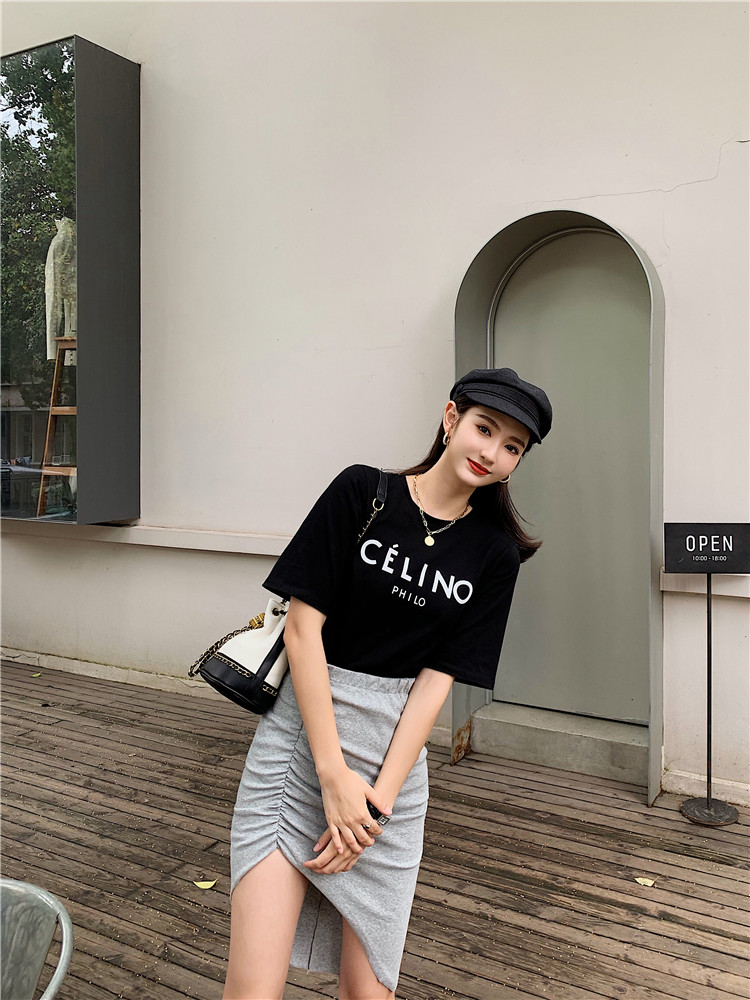 VK旗艦店 韓系收腰顯瘦T恤不對稱半身裙套裝短袖裙裝