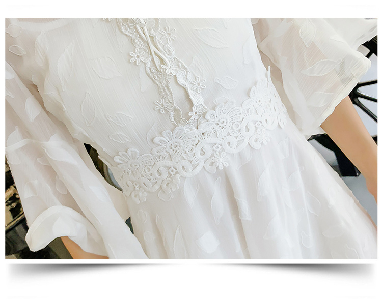 DABI 韓國風名媛氣質繫帶領蕾絲印花短袖洋裝