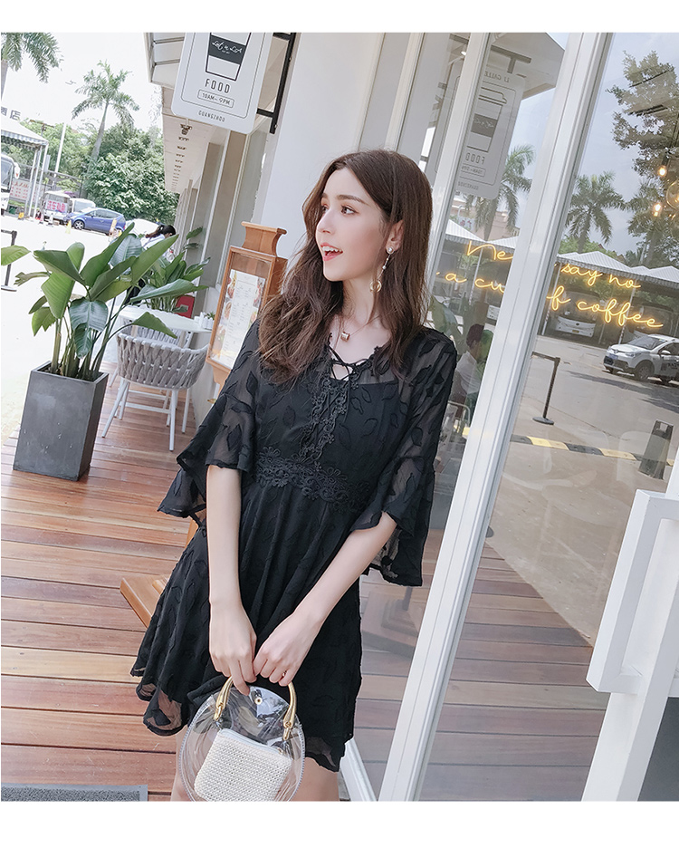 DABI 韓國風名媛氣質繫帶領蕾絲印花短袖洋裝