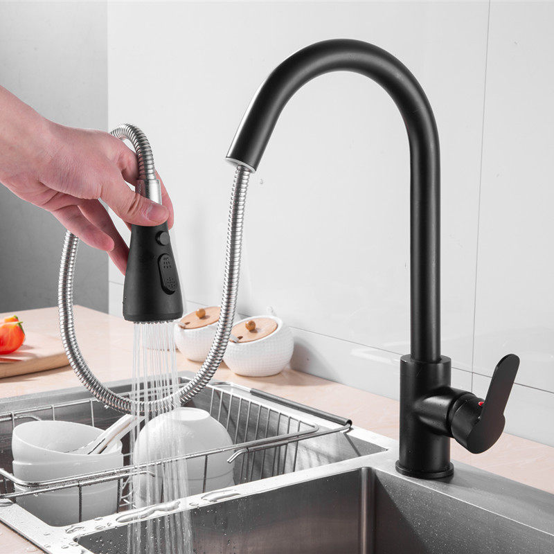 European-style all-copper black kitchen sink wash basin cold and hot rotatable pull-out sink splash-proof faucet