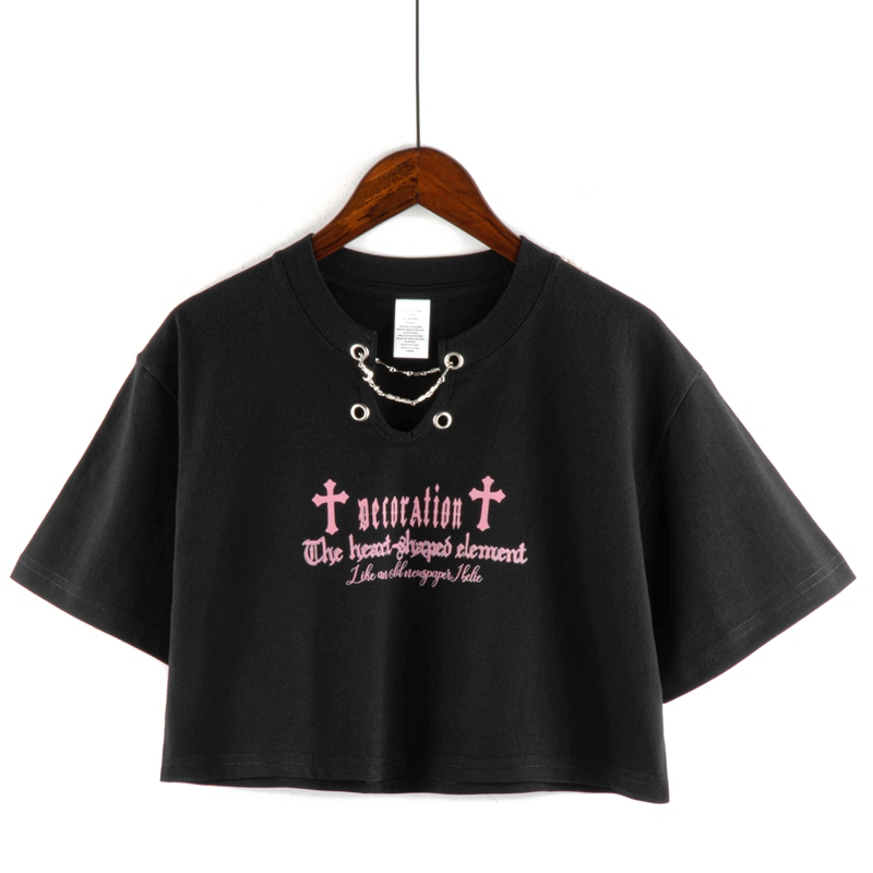 Pure Cotton Short-Sleeve T-Shirt for Women, Cropped High-Waisted American Retro Top, Five-Quarter Sleeves, High Street Hip-Hop Crop Top, Trendy