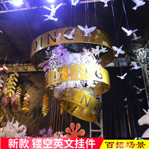 New WEDDING props large round iron hollow carved WEDDING letter three-piece set of air ceiling