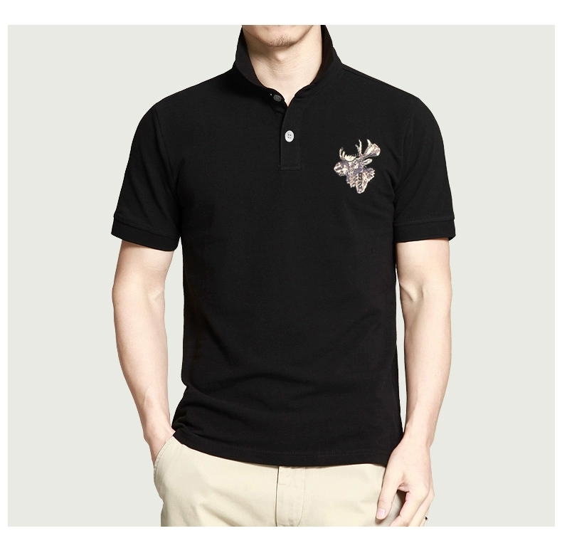 Cotton size lớn thể thao giản dị Paul ve áo sơ mi nam màu đen có cổ đứng thon gọn nửa ngắn tay áo thun mùa hè