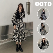 2021 Early Spring Early Fall New Big Code Women Dress Fat Mm Black Color slim long dress Crushed Flowers minus Dress Skirt