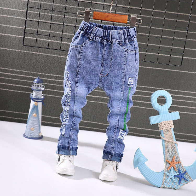 Mùa xuân và mùa thu Quần jeans Hàn Quốc bé trai quần bé lớn 5-6-7-8 tuổi quần co giãn mùa thu - Quần jean yếm jean cho bé gái