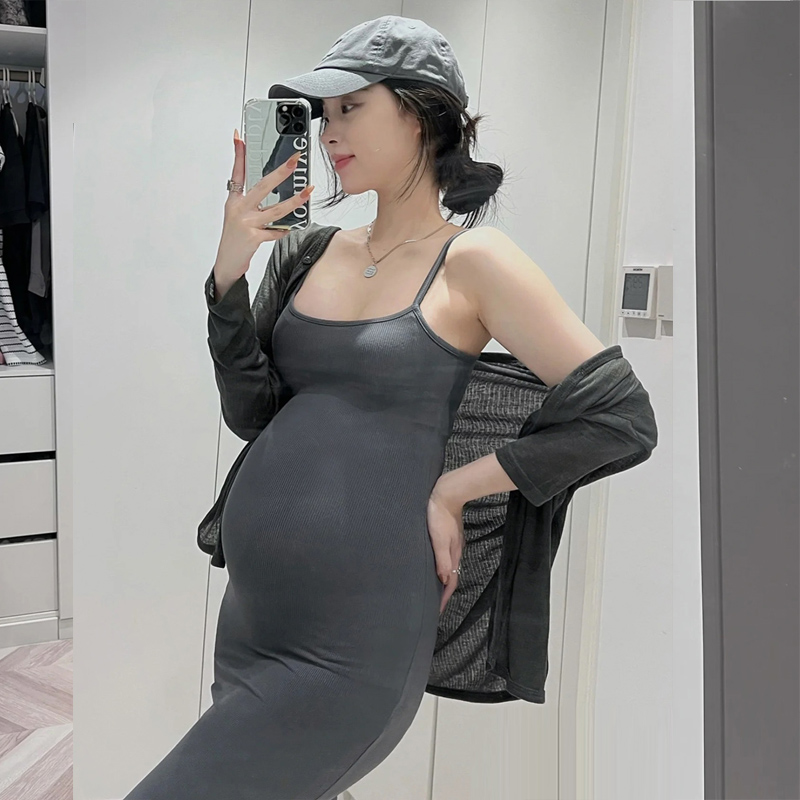 Hainan Sanya holiday wind pure cotton gestation maternity dress harness one-piece dress suit chest cushion vest skirt tail dress Two sets-Taobao