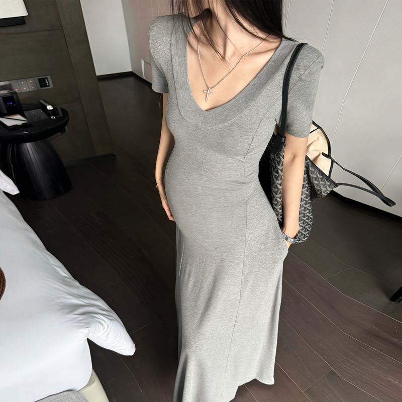 Tall Women's Pure Cotton Maternity Dress, Slim Fit, Floor-Length Dress, High-End, Elegant, Short-Sleeved T-Shirt Dress, A-Line Skirt