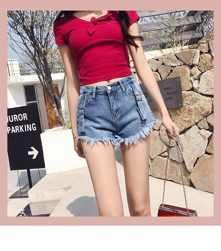 VK旗艦店 韓系時尚流蘇邊兩色扣環牛仔短褲單品短褲
