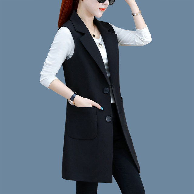Black suit vest for women spring and autumn mid-length outer wear 2024 new slim large size vest jacket