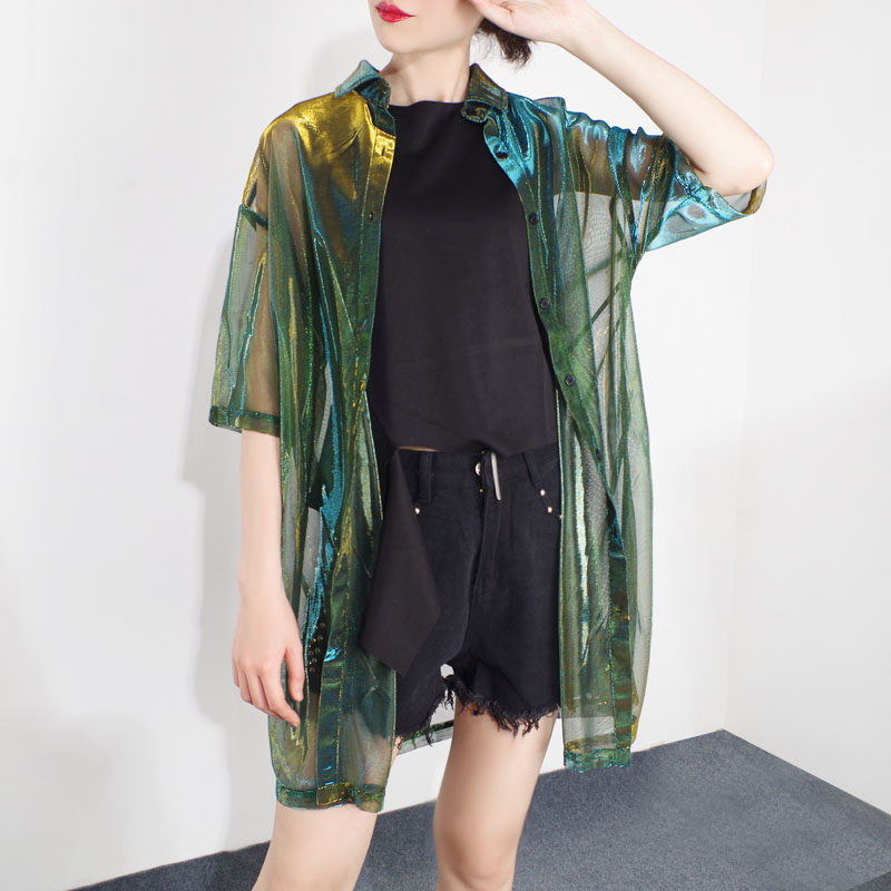 HOTFAN2022 Summer New Port Wind Walking Horse View Flower Discoloration Loose Medium Long Shirt Laser Perspective Sunscreen Women