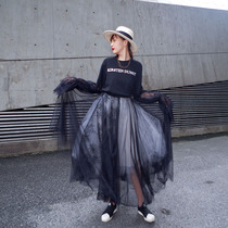 2021 summer dark black high waist lace stitching five layers of black and white contrast mesh skirt Puffy skirt fairy skirt