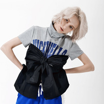 Ins hot sale 2021 summer small stand-up collar letter printing personality stitching Butterfly lace-up short-sleeved T-shirt top women