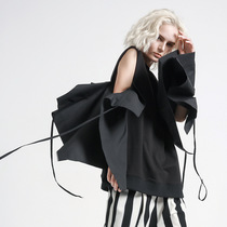 The new European station niche designer pumping horn sleeves on both sides Solid color stitching casual womens shirt top