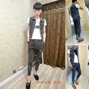 Mùa hè mới denim phù hợp với nam thần thái chàng phiên bản Hàn Quốc của xu hướng quần vest lỗ khoét hai mảnh đẹp trai