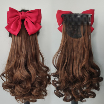 2021 summer three-layer wine red bow ponytail 40cm disassembly comb high temperature silk pear flower roll Black