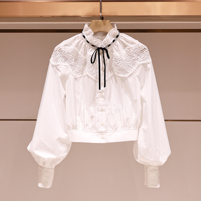 Joova Romantic Style White Lace Patchwork Lantern Sleeve Shirt for Women with Bow and Ruffled Collar, Age-Reducing Light Luxury Top