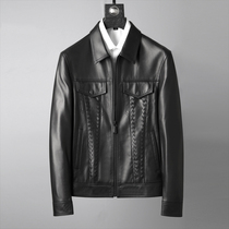 European imported lambskin woven craft men casual leather jacket lapel short autumn coat
