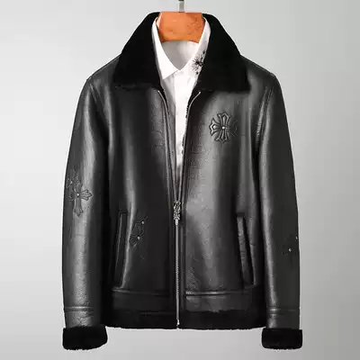 Fine veneer embroidered leather hair one men's leather fashion short lapel jacket winter fur coat
